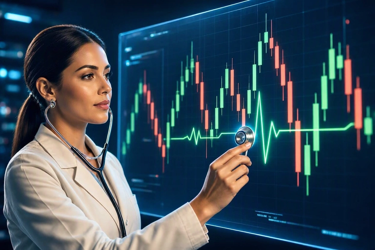 Una doctora ausculta el gráfico de velas de NinjaTrader — chequeo de salud con TSD DB Guardian